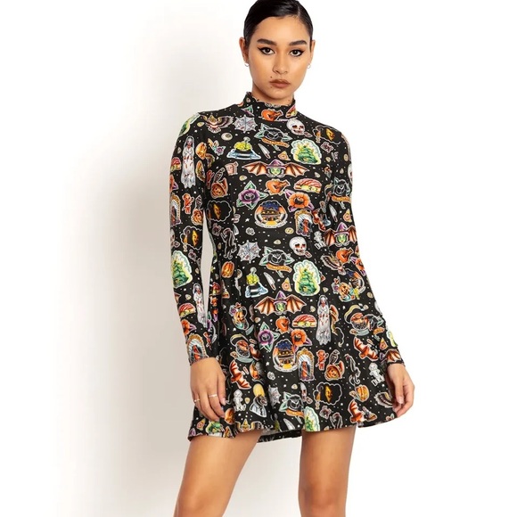 Blackmilk “TATTOWEEN BLACK LONG SLEEVE EVIL MINI SKATER DRESS” Size Medium M NWT - Picture 15 of 16